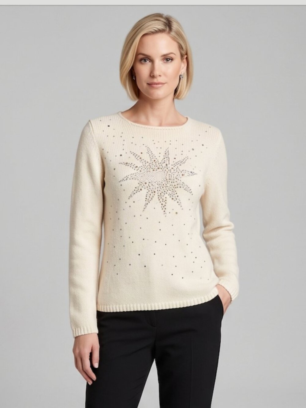 Escada Vintage Cream Wool Blend Sweater with Sunburst Rhinestone Embellishment L